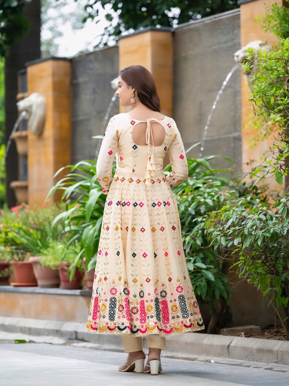Women's Stylish Cream Embroidered Anarkali Gown  Elegant Design, Classic Style, Ideal for Weddings, Celebrations, and Special Events - Image 6